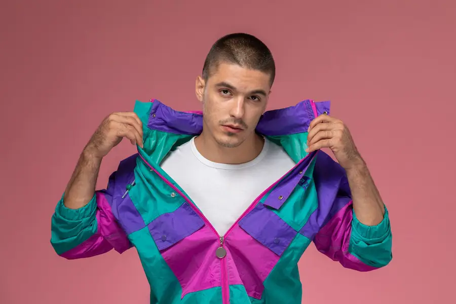 front view young male white t shirt colorful coat